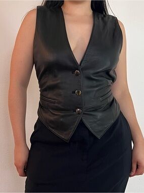 Vintage Black leather vest with button-up front and satin back // Size: M
